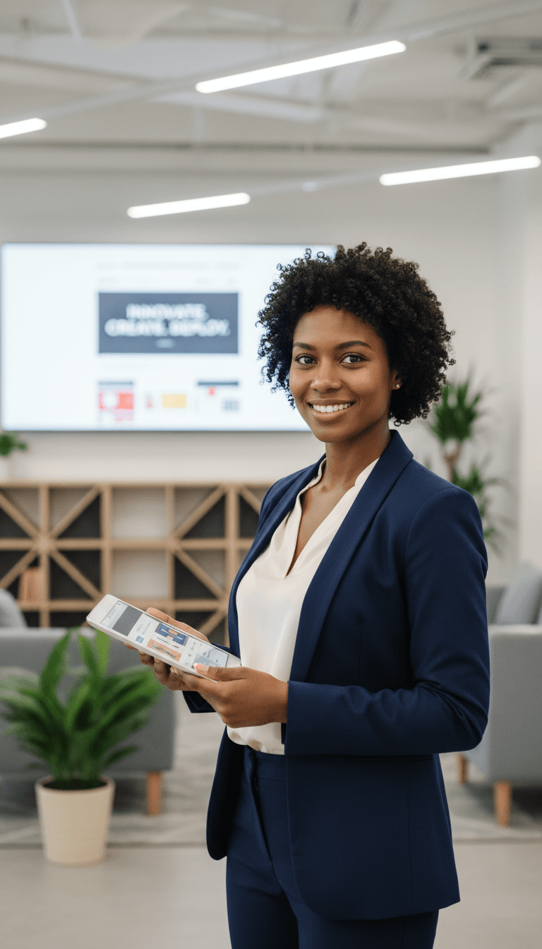 Professional female developer standing confidently in front of responsive website design on large monitor