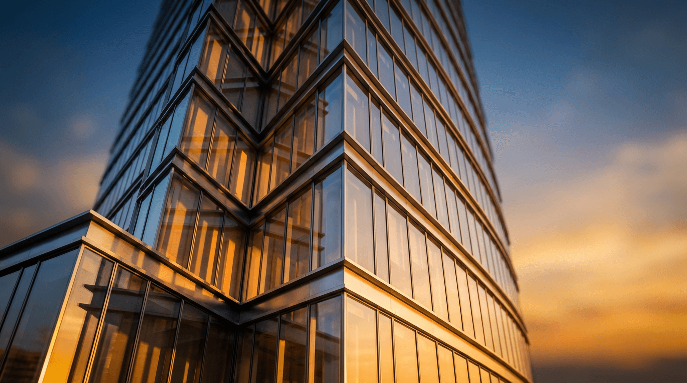 Modern glass building exterior at golden hour with reflective surfaces and geometric architecture, viewed from below